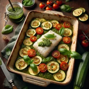 Een rustieke foodfoto van ovengebakken kabeljauw met courgette, cherrytomaten en pesto, geserveerd in een ovenschaal op een houten tafel met basilicum en pesto eromheen.