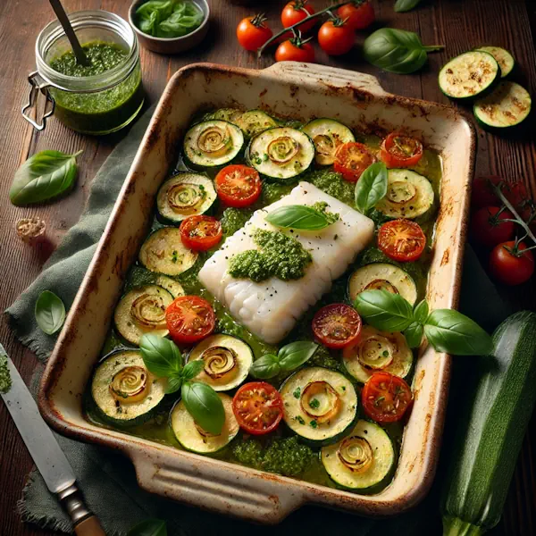Een rustieke foodfoto van ovengebakken kabeljauw met courgette, cherrytomaten en pesto, geserveerd in een ovenschaal op een houten tafel met basilicum en pesto eromheen.