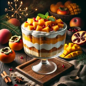 Een feestelijke foodfoto van een tropische trifle met lagen cake, custard, mango en kaki, afgetopt met slagroom, granaatappelpitjes en munt, geserveerd in een glazen schaal op een houten tafel met kerstdecoratie eromheen.