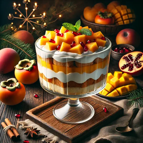 Een feestelijke foodfoto van een tropische trifle met lagen cake, custard, mango en kaki, afgetopt met slagroom, granaatappelpitjes en munt, geserveerd in een glazen schaal op een houten tafel met kerstdecoratie eromheen.