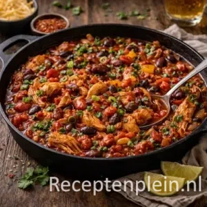 Kip chili met bonen en tomatensaus op rustieke houten tafel
