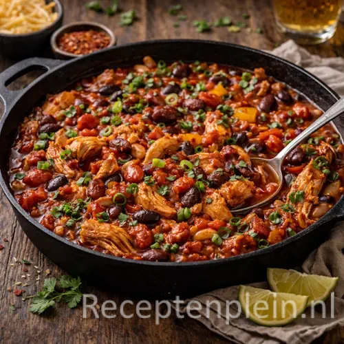 Kip chili met bonen en tomatensaus op rustieke houten tafel