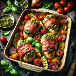 Een rustieke foodfoto van ovengebakken kipfilet met groene pesto en spek, geserveerd met geroosterde groenten zoals paprika, courgette, cherrytomaten en rode ui in een ovenschaal op een houten tafel.