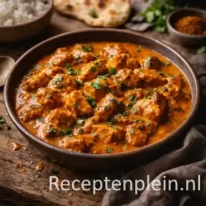 Kip Tikka Massala met romige kruidige saus op rustieke houten tafel.