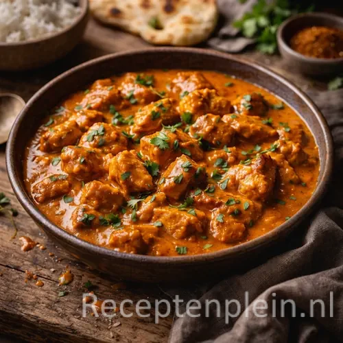 Kip Tikka Massala met romige kruidige saus op rustieke houten tafel.