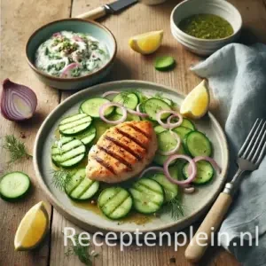 Kip met komkommersalade op rustieke houten tafel