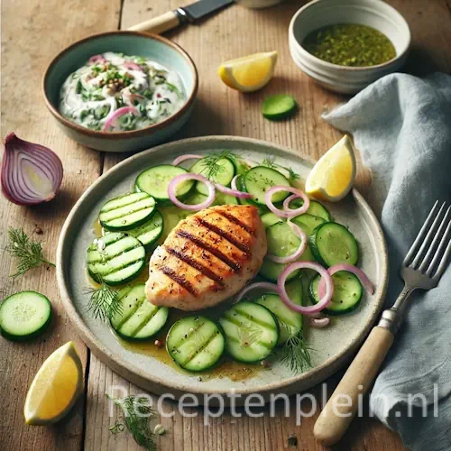 Kip met komkommersalade op rustieke houten tafel