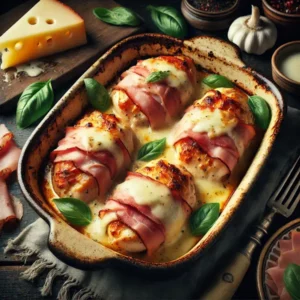 Een rustieke foodfoto van ovengebakken kipfilet omwikkeld met Parmaham en belegd met gesmolten mozzarella, geserveerd in een ovenschaal op een houten tafel met basilicum en ham eromheen.