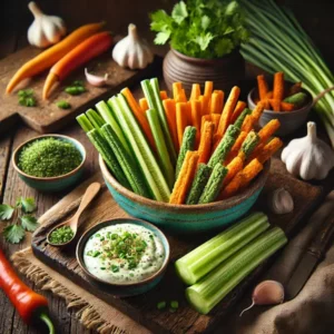 Een rustieke foodfoto van kleurrijke groentesticks van wortel, komkommer, bleekselderij en paprika, geserveerd met een romige knoflook-bieslook dip, op een houten tafel met verse groenten en kruiden eromheen.