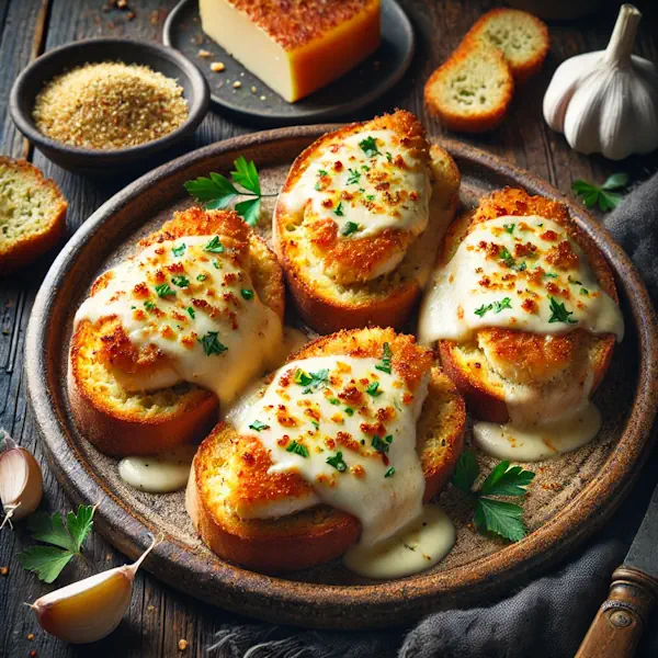 Een rustieke foodfoto van knoflookbrood belegd met krokant gepaneerde kip en gesmolten mozzarella, gegarneerd met peterselie, geserveerd op een houten tafel met knoflook, kaas en paneermeel eromheen.