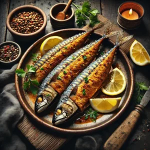 Een rustieke foodfoto van goudbruin krokante makreelfilets uit de airfryer, geserveerd op een bord met citroenpartjes en peterselie, op een houten tafel met rauwe makreel en kruiden eromheen.