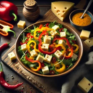 Een rustieke foodfoto van een salade met blokjes Leidse kaas met komijn, rode en gele paprika, gemengde sla en een pittige dressing, geserveerd in een bruine kom op een houten tafel met ingrediënten eromheen.