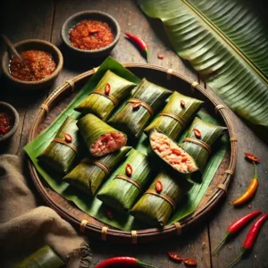 Een rustieke foodfoto van lemper, kleefrijstrolletjes in bananenblad gevuld met pittige tonijn, geserveerd op een bord op een houten tafel met rode pepers en sambal eromheen.