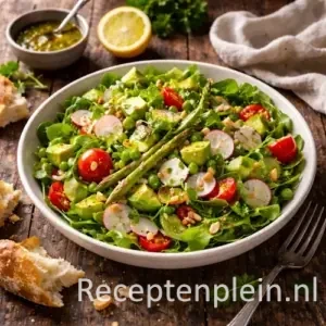 Lentesalade op rustieke houten tafel.