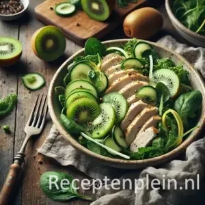 Lentesalade met kiwi en kip op rustieke houten tafel