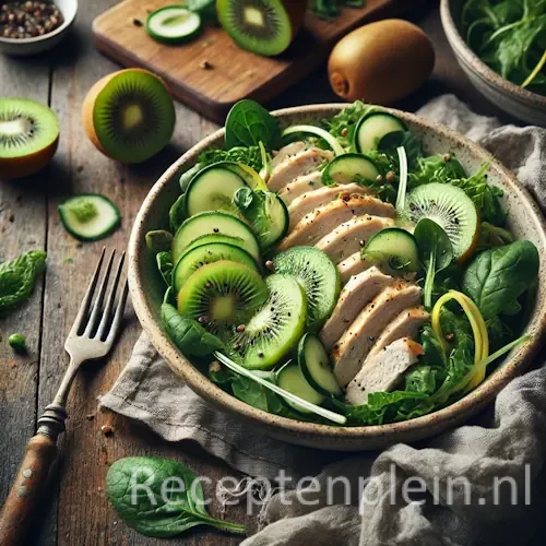 Lentesalade met kiwi en kip op rustieke houten tafel