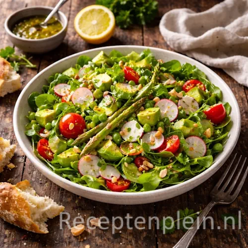 Lentesalade op rustieke houten tafel.