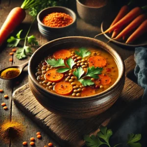 Een rustieke foodfoto van linzen-wortelsoep met kerrie, goudoranje van kleur met stukjes wortel en linzen, geserveerd in een kom op een houten tafel, gegarneerd met koriander en omringd door wortels, linzen en kruiden.
