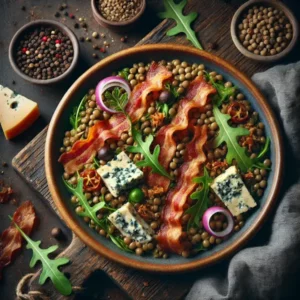 Een rustieke foodfoto van een linzensalade met knapperig gebakken spek, stukjes Bleu d'Auvergne, rode ui en rucola, geserveerd in een bruine kom op een houten tafel, omringd door peperkorrels en kaas.