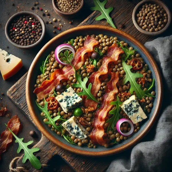 Een rustieke foodfoto van een linzensalade met knapperig gebakken spek, stukjes Bleu d'Auvergne, rode ui en rucola, geserveerd in een bruine kom op een houten tafel, omringd door peperkorrels en kaas.