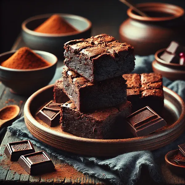 Een rustieke foodfoto van laagcalorische brownies met pure chocolade, in blokjes gesneden en opgestapeld op een bord, bestrooid met cacaopoeder en chocoladestukjes, geserveerd op een houten tafel met bessen en cacao eromheen.