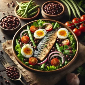 Een rustieke foodfoto van een salade niçoise met gegrilde makreel, zwarte bonen, sperziebonen, cherrytomaatjes, rode ui, sla en hardgekookte eieren, geserveerd in een kom op een houten tafel met verse groenten eromheen.