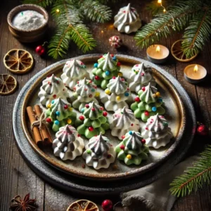 Een rustieke foodfoto van groene meringues in de vorm van kerstboompjes, versierd met sprinkles en poedersuiker, geserveerd op een bord op een houten tafel met dennetakken, kaneelstokjes en rode besjes eromheen.