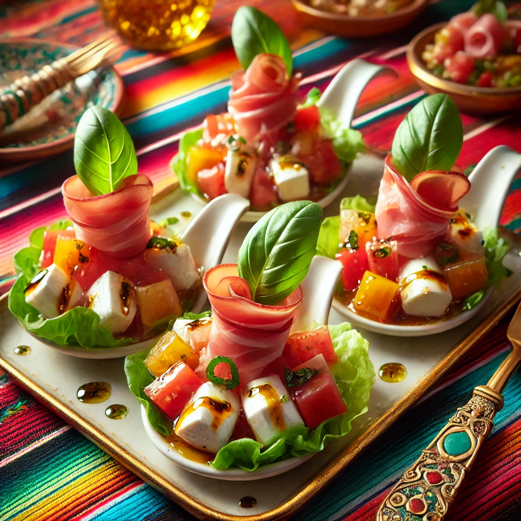 Een prachtig gepresenteerde amuselepel met blokjes mozzarella, tomaat, opgerolde Parmaham, een blaadje basilicum en ijsbergsla, stijlvol geserveerd op een feestelijke tafel.