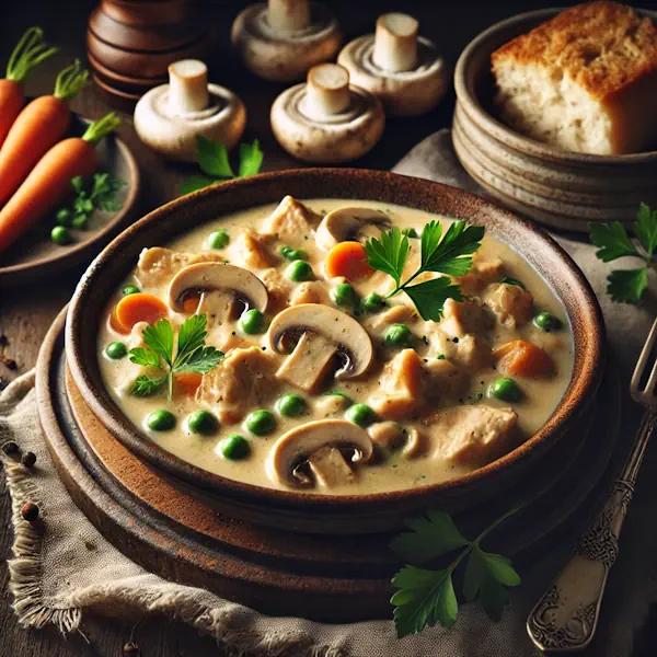 Een rustieke foodfoto van romige kippenragout met stukjes kip, champignons, wortel en doperwten in een lichte roomsaus, geserveerd in een kom op een houten tafel met brood en verse peterselie ernaast.