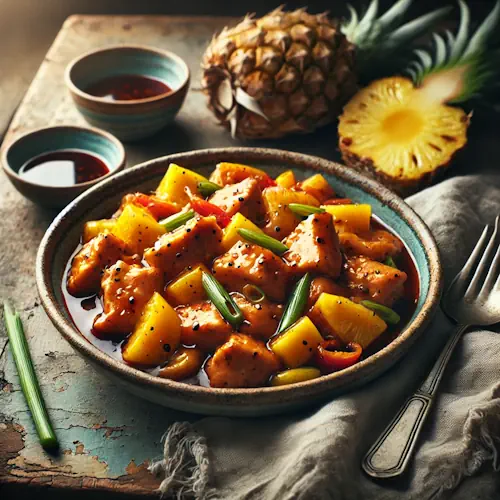 Oosters kipgerecht met ananas en mango op rustieke houten tafel