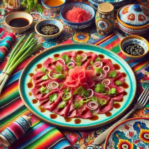 Een feestelijke presentatie van Oosterse carpaccio, geserveerd op een kleurrijk Mexicaans geïnspireerd bord met levendige accenten en frisse ingrediënten.