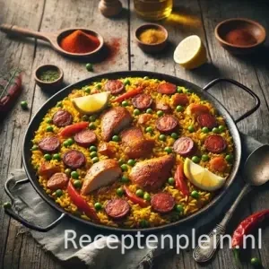 Paella met chorizo en kip op een rustieke houten tafel