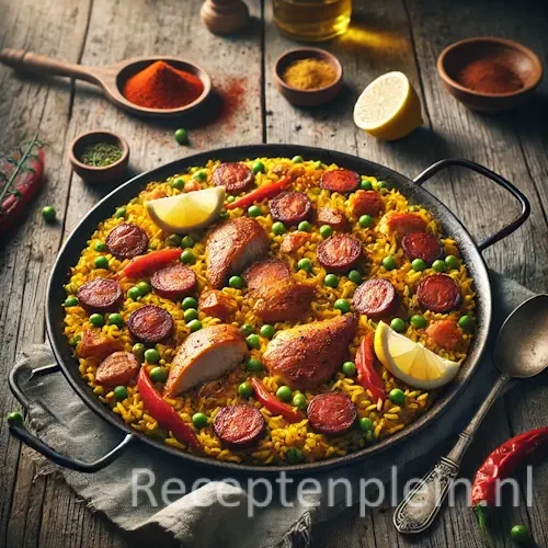 Paella met chorizo en kip op een rustieke houten tafel