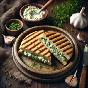 Een rustieke foodfoto van een gegrilde panini gevuld met zelfgemaakte kruidenroomkaas, diagonaal gesneden en geserveerd op een bord op een houten tafel, met verse kruiden en een kommetje roomkaas ernaast.