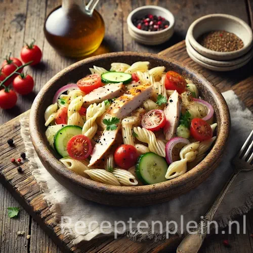 Pastasalade met gerookte kip op een rustieke houten tafel
