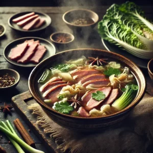 Een rustieke foodfoto van een kom Pekingeendsoep met Chinese kool, reepjes ham en bosui, geserveerd in een bruine kom op een houten tafel, met dampende warme bouillon en ingrediënten eromheen.