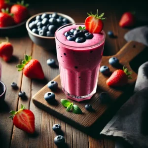 Een rustieke foodfoto van een roze smoothie gemaakt met bosbessen en aardbeien, geserveerd in een glas op een houten tafel, gegarneerd met een aardbei en blauwe bessen, met vers fruit en yoghurt eromheen.