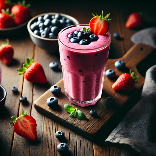Een rustieke foodfoto van een roze smoothie gemaakt met bosbessen en aardbeien, geserveerd in een glas op een houten tafel, gegarneerd met een aardbei en blauwe bessen, met vers fruit en yoghurt eromheen.