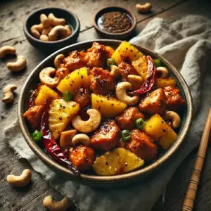 Pittige roergebakken kip met ananas en cashewnoten op rustieke houten tafel