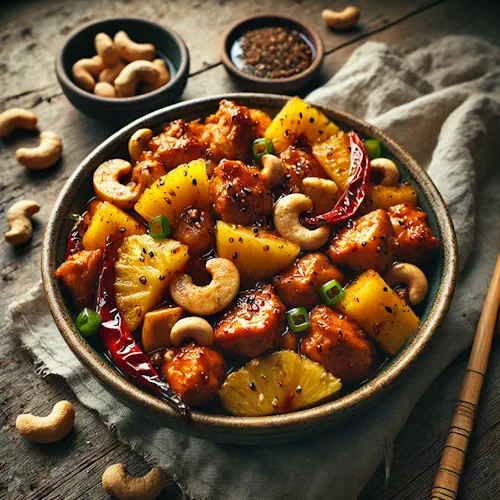 Pittige roergebakken kip met ananas en cashewnoten op rustieke houten tafel