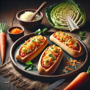 Een rustieke foodfoto van pizzaschuitjes gemaakt van gehalveerde minibaguettes, gevuld met kool, wortel, tomatensaus en gesmolten kaas, geserveerd op een bord op een houten tafel met wortels en kool eromheen.