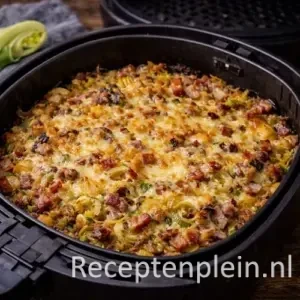Een goudbruin gebakken Prei rösti schotel uit de Airfryer in een ovenschaal, gegratineerd met gesmolten kaas.