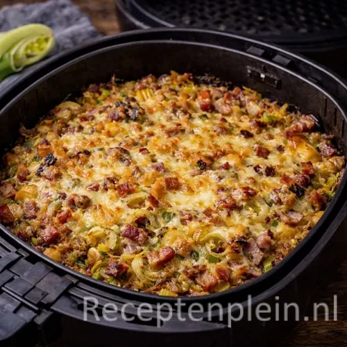 Een goudbruin gebakken Prei rösti schotel uit de Airfryer in een ovenschaal, gegratineerd met gesmolten kaas.