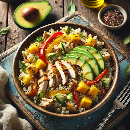 Quinoa salade met kip, avocado, paprika en mango op een rustieke houten tafel