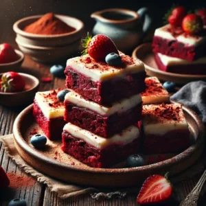 Een rustieke foodfoto van rode velvet brownies met een laagje romige cream cheese frosting, in blokjes gesneden en opgestapeld op een bord, gegarneerd met cacao en verse bessen, op een houten tafel.