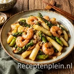 Roergebakken asperges met garnalen uit Japan op rustieke houten tafel