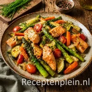 Roergebakken groene asperges met zalm op rustieke houten tafel