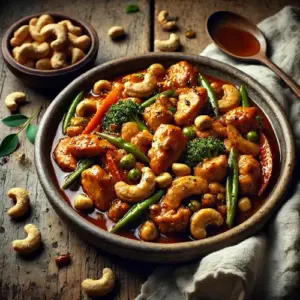 Roergebakken kip met cashewnoten op een rustieke houten tafel