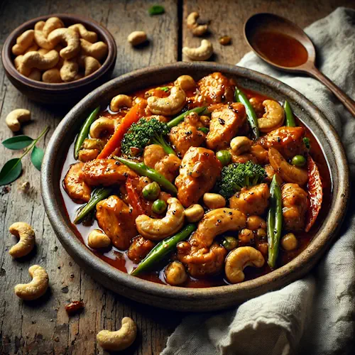 Roergebakken kip met cashewnoten op een rustieke houten tafel