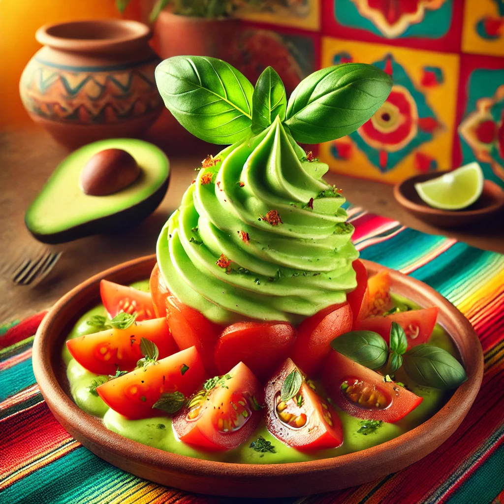 Een kleurrijk gerecht van avocadocrème, elegant opgespoten en gecombineerd met dunne plakjes tomaat, gemarineerd in limoensap, basilicum en bieslook. Het gerecht is feestelijk gegarneerd met verse kruiden, terwijl de warme achtergrond met levendige Mexicaanse patronen een uitnodigende sfeer creëert. 🥑🍅✨